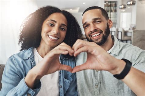 Love, Heart Hand Sign and Portrait Couple Enjoy Quality Time Together ...