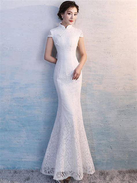 White Lace Long Qipao / Cheongsam Wedding Dress - CozyLadyWear
