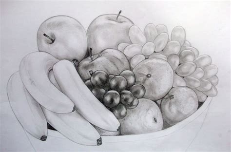 a pencil drawing of apples, bananas and other fruit in a white bowl on a table