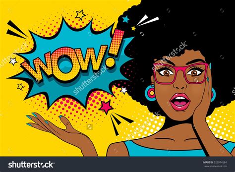 Wow pop art face. Sexy surprised young african woman with open mouth and afro hairstyle in ...