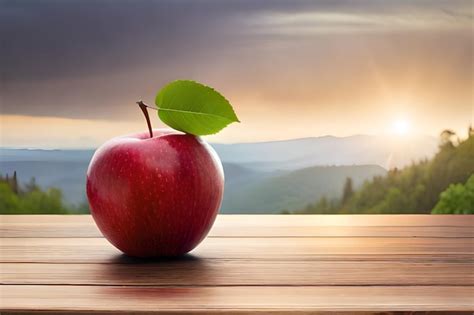 Premium Photo | An apple with a leaf on a wooden table