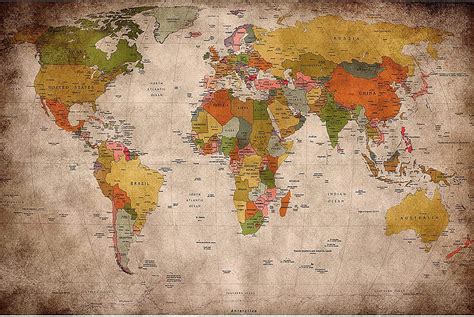 Large – Retro World Map Used Look – Decoration Globe Continents Atlas ...