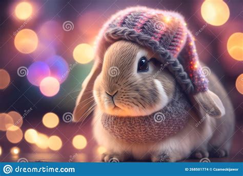 Cute Bunny in a Crochet Hat. Nice Light, Lamps. Night Mood Lighting Stock Illustration ...