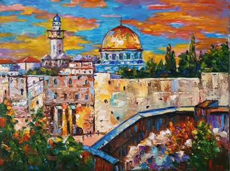 Israel Golden Dome painting canvas Israel Sunset sky landscape Western ...