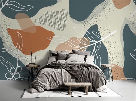 Scandinavian Style Leaves Living Room Wallpaper Blue and - Etsy