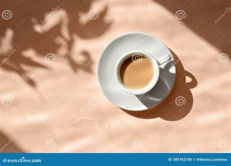 Aesthetic Floral Sun Light Shadows and Coffee Cup on Peach Table Background. Feminine Good ...