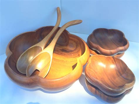 Vintage Monkey Pod Wood Salad Bowl Serving 7 Pc Set, Mid Century ...