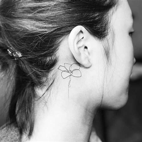 Continuous line plumeria flower tattoo behind the right, #Continuous # ...