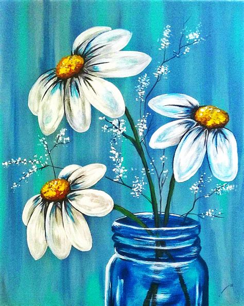 Mason Jar Daisy Painting, Easy Canvas Painting, Simple Acrylic Paintings, Spring Painting, Night ...