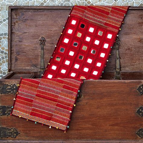 Red Hand Embroidered Table Runner - Mirror & Thread Work for Dining ...
