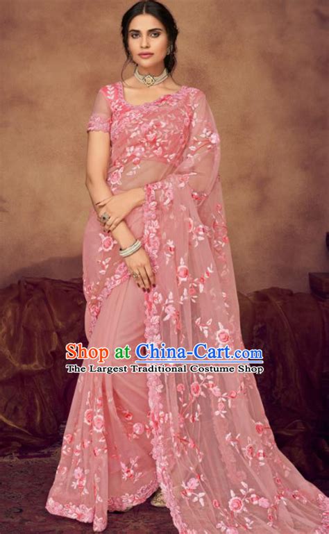 Indian Traditional Court Bollywood Embroidered Pink Veil Sari Dress Asian India National ...