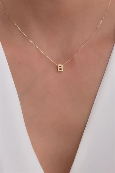 B Letter Necklace in 14K Solid Gold Minimal Pendant With - Etsy