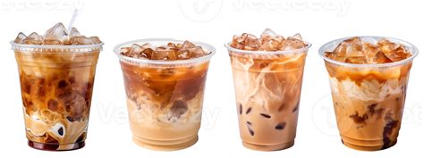 Cold brewed iced latte coffee on plastic cup, side view with transparent background, Technology ...