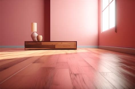 Premium AI Image | A pink room with a wooden floor and a vase on a table.