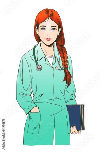 Sketch illustration of young woman doctor or a nurse, isolated on white background. Beautiful ...