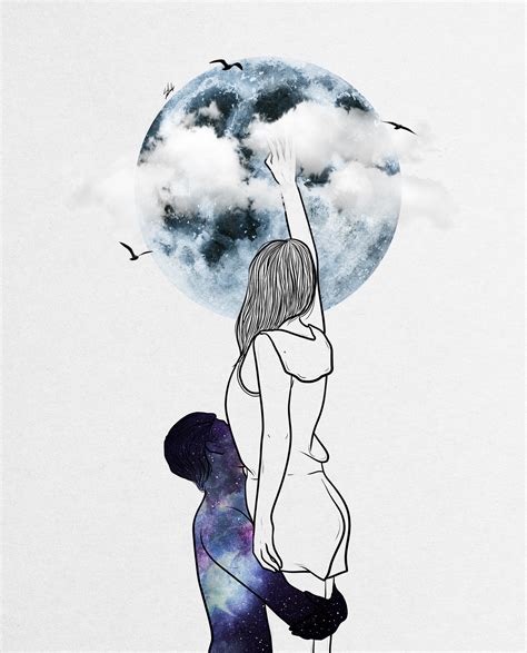 a drawing of two people reaching for the moon