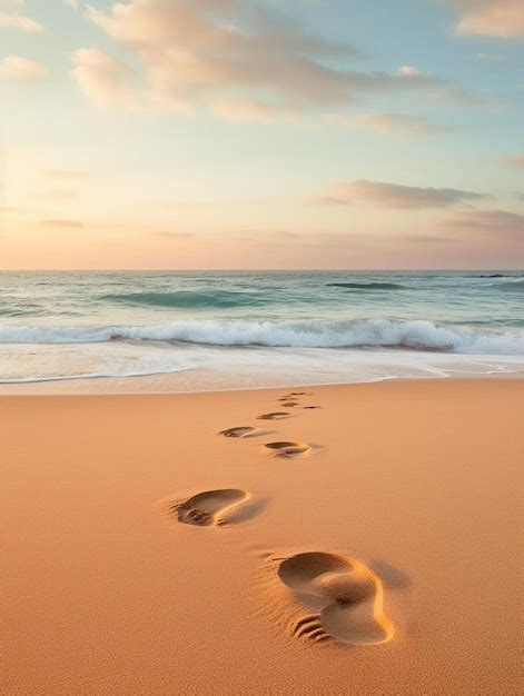 Footprints in the sand on a beach at sunset. | Premium AI-generated image