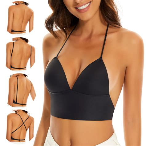 Strappy Low Back Bra for Women -Deep V Low Cut Backless Bralette ...