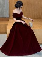 Charming Wine Red Velvet Off Shoulder Long Party Dress, A-line Prom Dr ...