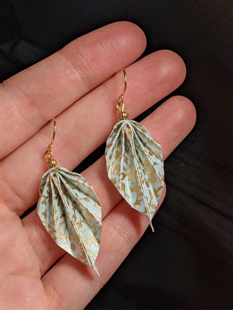 Origami leaf earrings teal and gold chiyogami paper light | Etsy