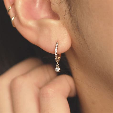 Bezel Drop Diamond Dangle Diamond Huggie Earrings / Diamond Hoop Earrings with Diamond Charm ...