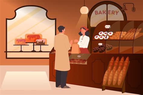 Premium Vector | Man buying food in bakery. bakery building interior. shop counter with showcase ...