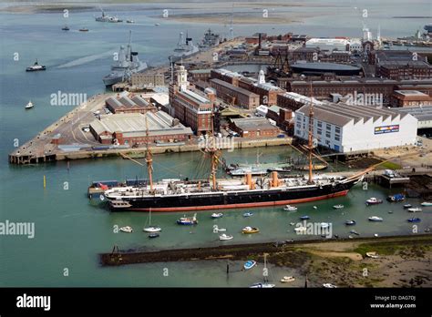 An aerial view of Portsmouth Historic Dockyard and Royal Navy base on the south coast of England ...