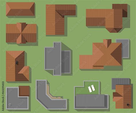 Top view of houses, roofs, vector set. Modern, high-tech and classic roofing houses. Stock ...
