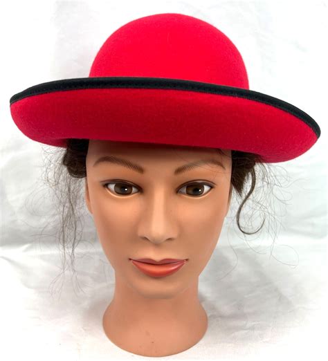 Vintage Womans Red Bowler Hat Black Trim/Bow 100% Woo… - Gem