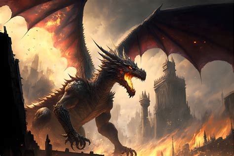 Wallpaper : ai art, digital art, medieval, dragon, castle, fire, battle, destruction, artwork ...