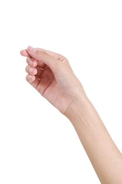 Mão vazia da mulher que guarda com o lado da mão dianteira isolado no branco | Foto Premium