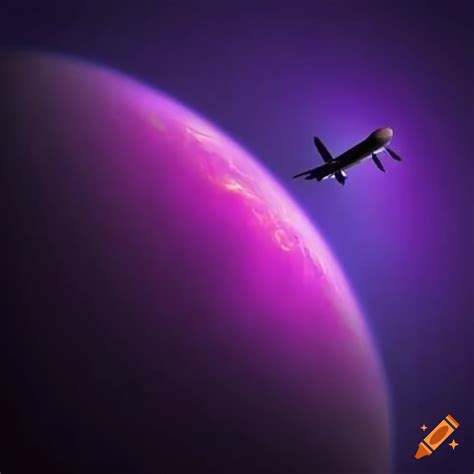 Purple space with a flying plane on Craiyon