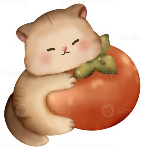 Cat hugging a persimmon Chuseok Collection Watercolor drawing ...