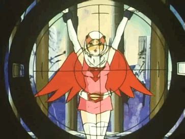 a cartoon character is standing in front of a round window with her arms up and hands behind her ...