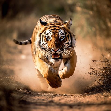 Premium Photo | A tiger running in the woods with the tiger on its nose.