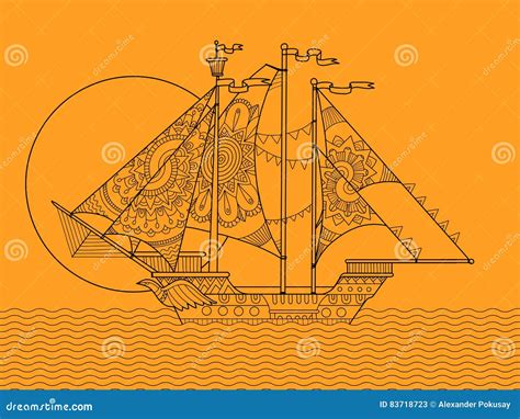 Sailing Ship Color Drawing Vector Illustration Stock Vector - Illustration of coloring, ornament ...