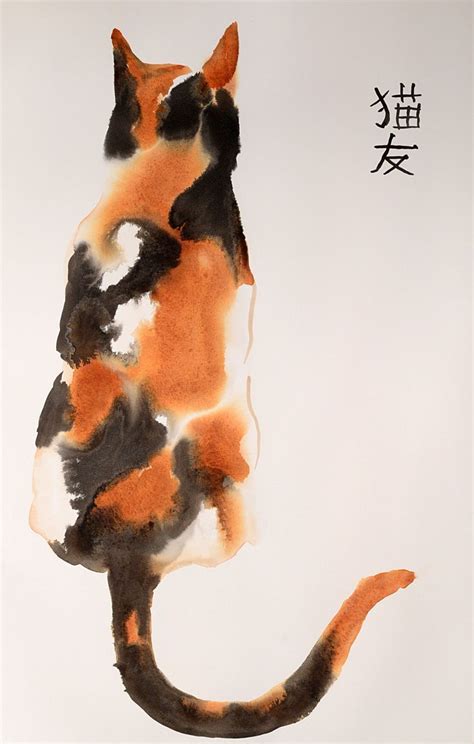 Beautiful calico cat original ink and watercolor mixed by bodorka ...