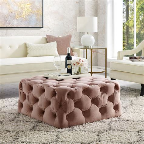 Inspired Home Lester Cocktail Table Ottoman Blush Velvet Tufted Allover Square Caster Leg-ON93 ...