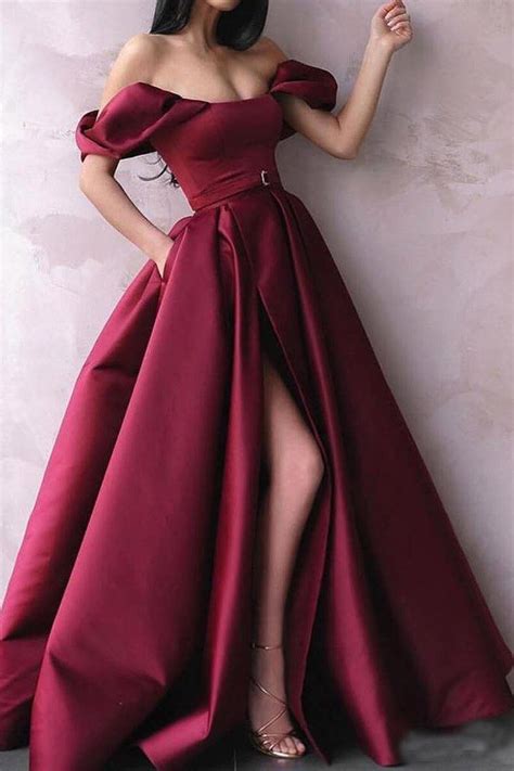 A Line Off the Shoulder Burgundy Satin Prom Dresses with Pockets High ...