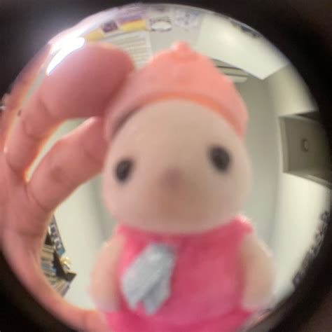a hand holding a small stuffed animal in front of a round mirror with the reflection of a person ...