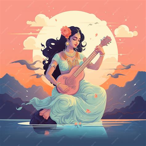 Premium AI Image | Goddess Saraswati Happy Vasant Panchami Puja sitting on lotus musical ...
