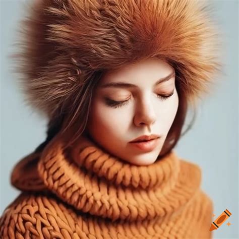 Woman wearing a chunky knit turtleneck pullover and winter hat with fur pompom on Craiyon