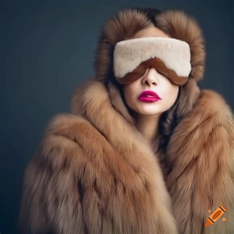 Woman wearing a fluffy fur coat and sleep mask on Craiyon