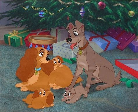 Cel and Background of Lady, Tramp, and Puppies under Christmas Tree from Closing Scene of Lady ...