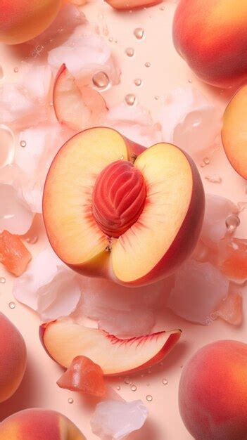 Premium Photo | Peaches and ice on a table with a slice cut in half generative ai