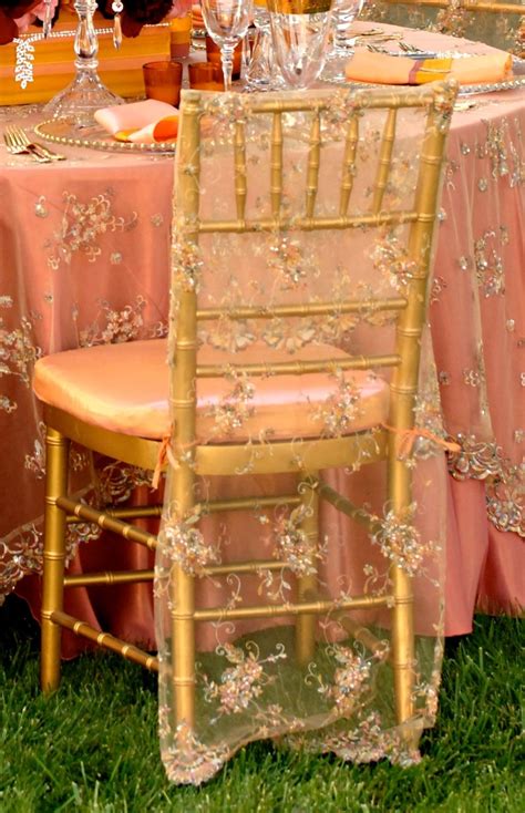 champagne beaded embroidered chair sleeve with apricot peach linens ...