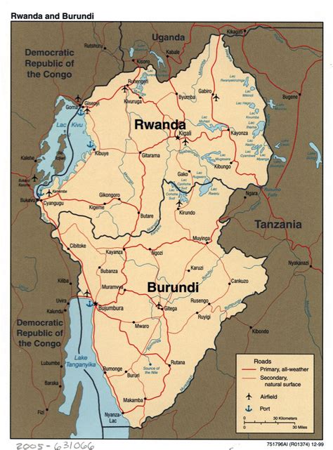 Large detailed political map of Rwanda and Burundi with roads, major cities, airports and ports ...