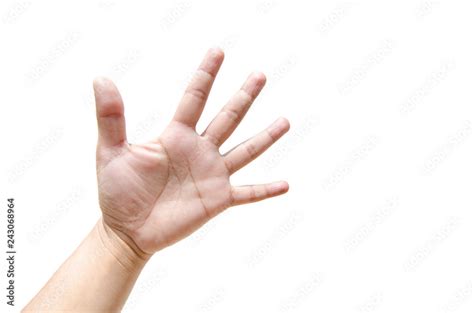 Palm hand gesture on left hand for concept of Rock Paper Scissors game isolated on white ...