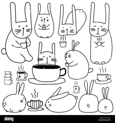 Hand Drawn Cute Bunny Characters With Coffee Set. Doodle Art Stock ...