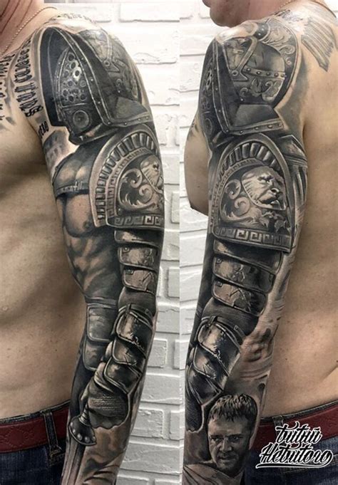 Full armored sleeve tattoo on the arm | www.otziapp.com Armor Sleeve ...